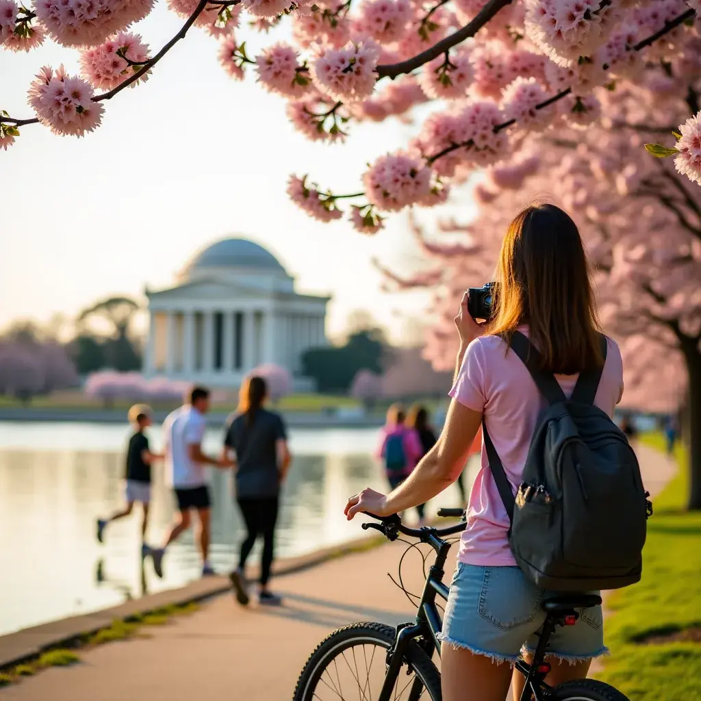 Панорама на Тidal Basin с цветущими сакурами весной.